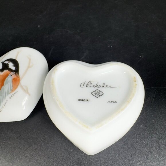 Vintage Otagiri Chickadee Heart Shaped Bird Trinket Box Sheila Brown Container - Picture 6 of 12